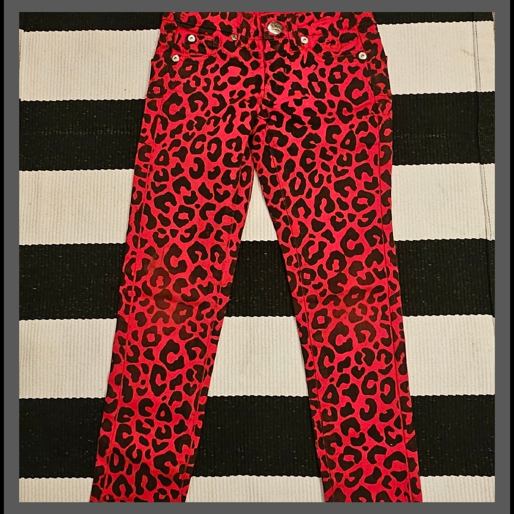 JUSTICE Animal Cheetah Print Red Black Denim Pants ❤️